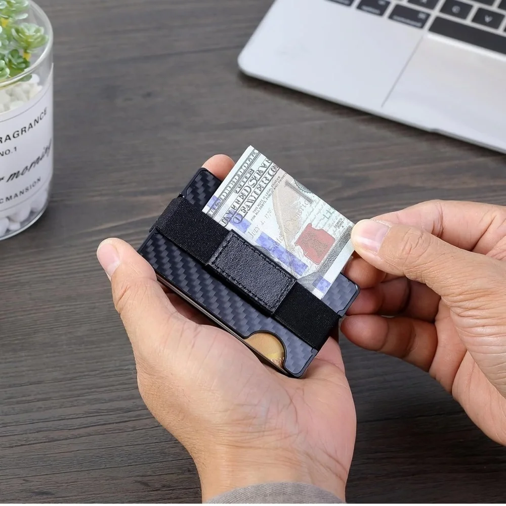 RARITIK Carbon Fiber RFID Blocking Wallet Slim Metal Card Holder Cash Strap